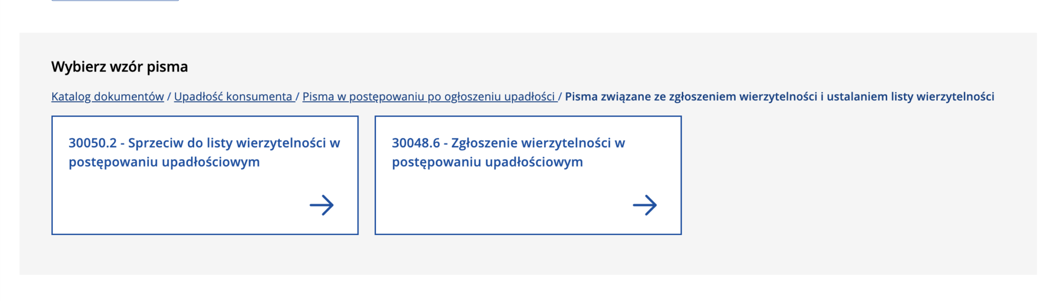Wybór formularza 30048.6 Zgłoszenie wierzytelności w postępowaniu upadłościowym