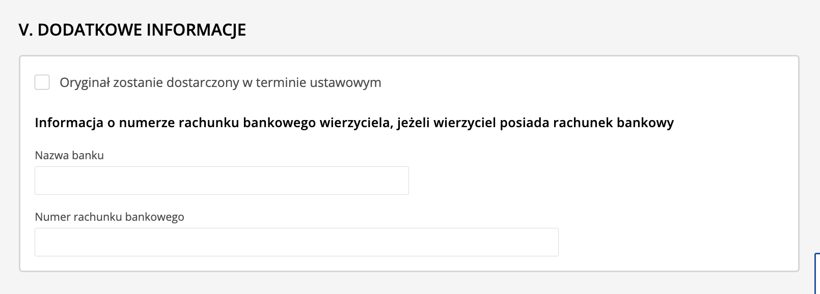 Sekcja V formularza KRZ z deklaracją dostarczenia oryginału i danymi rachunku bankowego