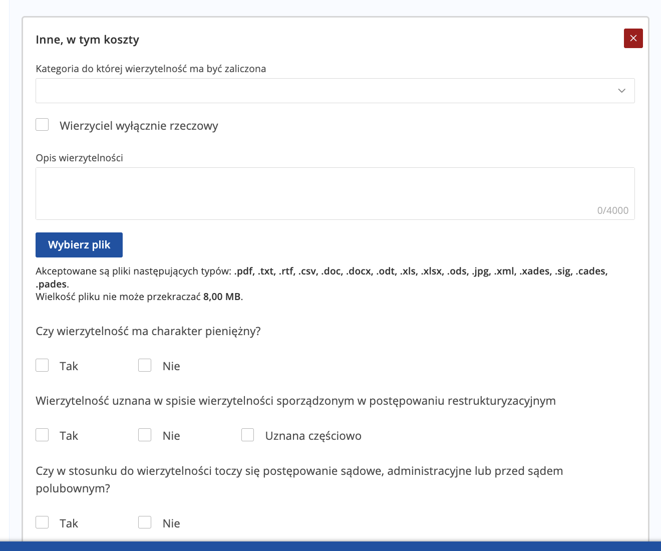Formularz Inne, w tym koszty z kategorią, opisem i pytaniem o pieniężny charakter wierzytelności