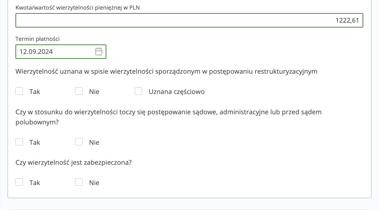 Należność główna 1222,61 zł z terminem płatności 12 września 2024 roku