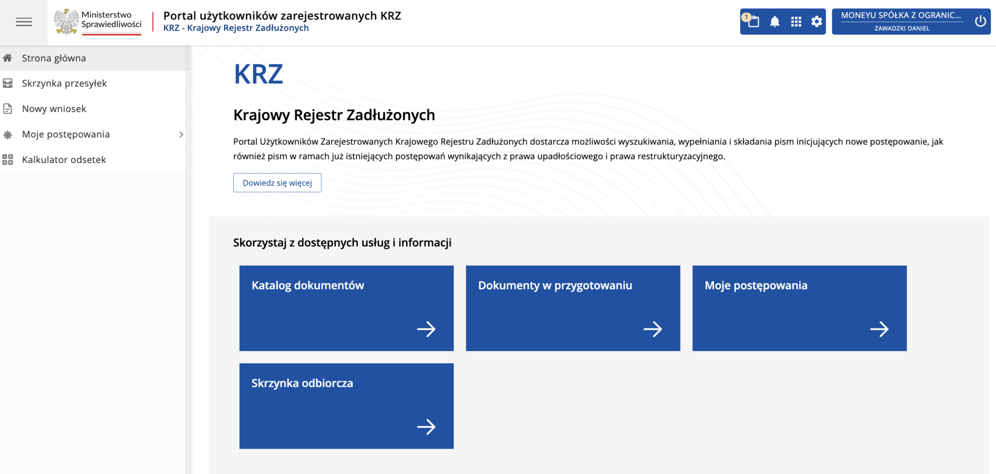 Strona główna zalogowanego KRZ z kafelkiem Katalog dokumentów