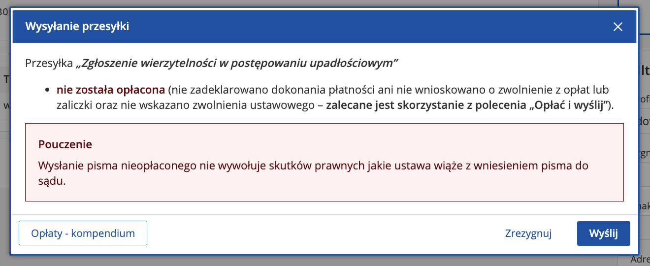 Ogólny komunikat KRZ o nieopłaconej przesyłce z przyciskiem Wyślij