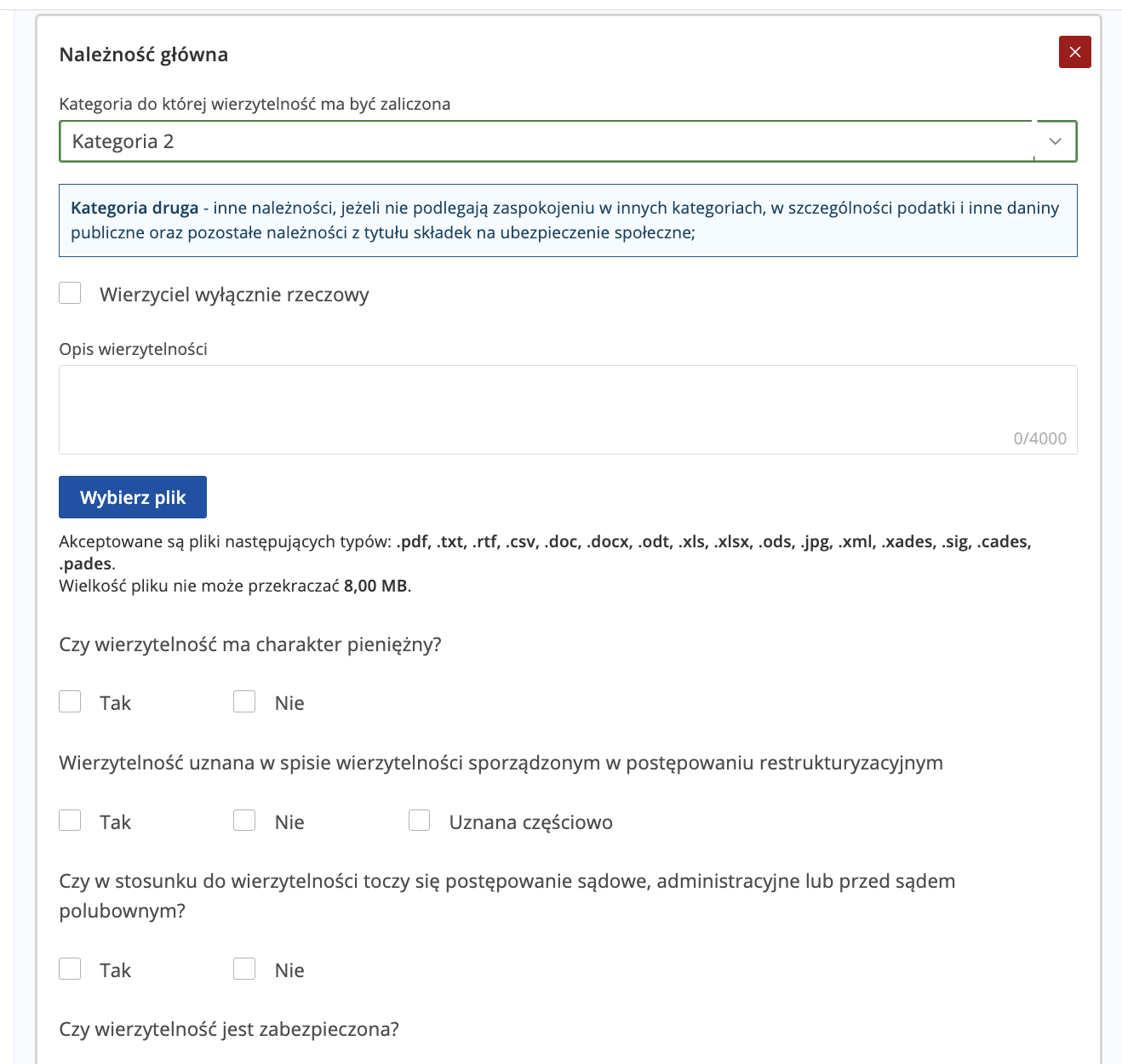 Formularz należności głównej z wybraną kategorią 2 i pustym opisem