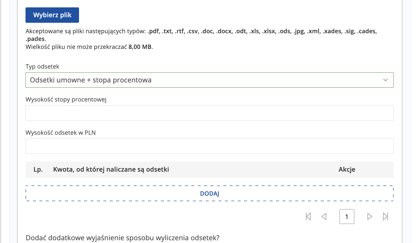 Typ Odsetki umowne plus stopa procentowa i pole Wysokość stopy procentowej