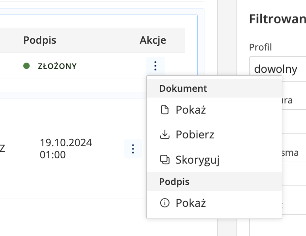 Menu dokumentu w KRZ: Pokaż, Pobierz, Skoryguj oraz podgląd podpisu