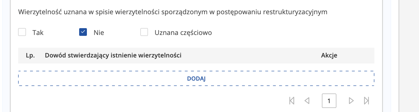 Odpowiedź Nie przy uznaniu wierzytelności w restrukturyzacji odsłania tabelę dowodów