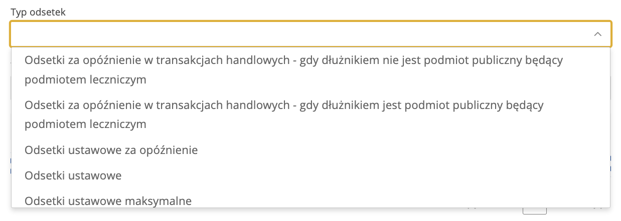 Lista typów odsetek w KRZ, w tym Odsetki ustawowe za opóźnienie