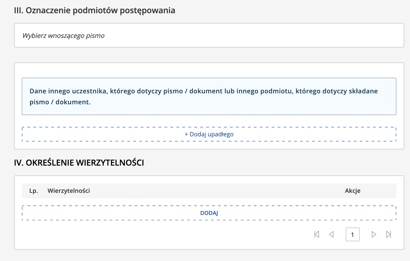 Sekcje KRZ: Wybierz wnoszącego, Dodaj upadłego oraz określenie wierzytelności