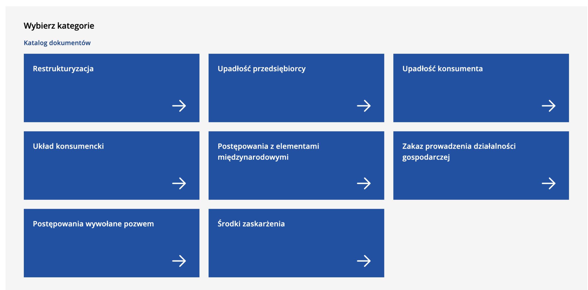 Katalog dokumentów KRZ: kafelek Upadłość konsumenta w prawym górnym rogu