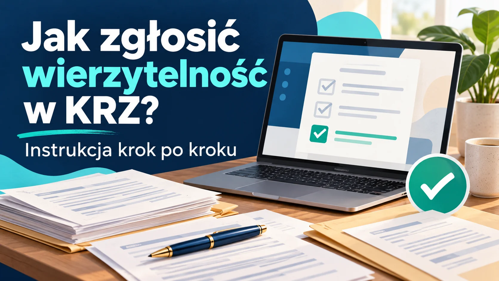 Laptop z listą kontrolną i dokumenty; instrukcja zgłoszenia wierzytelności w KRZ